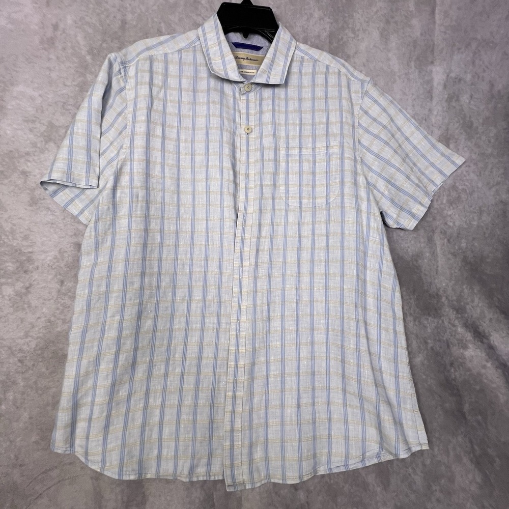 Tommy Bahama Shirt 85% Linen Men's Sz Large Blue/Beige Check Short‎ Sleeve
